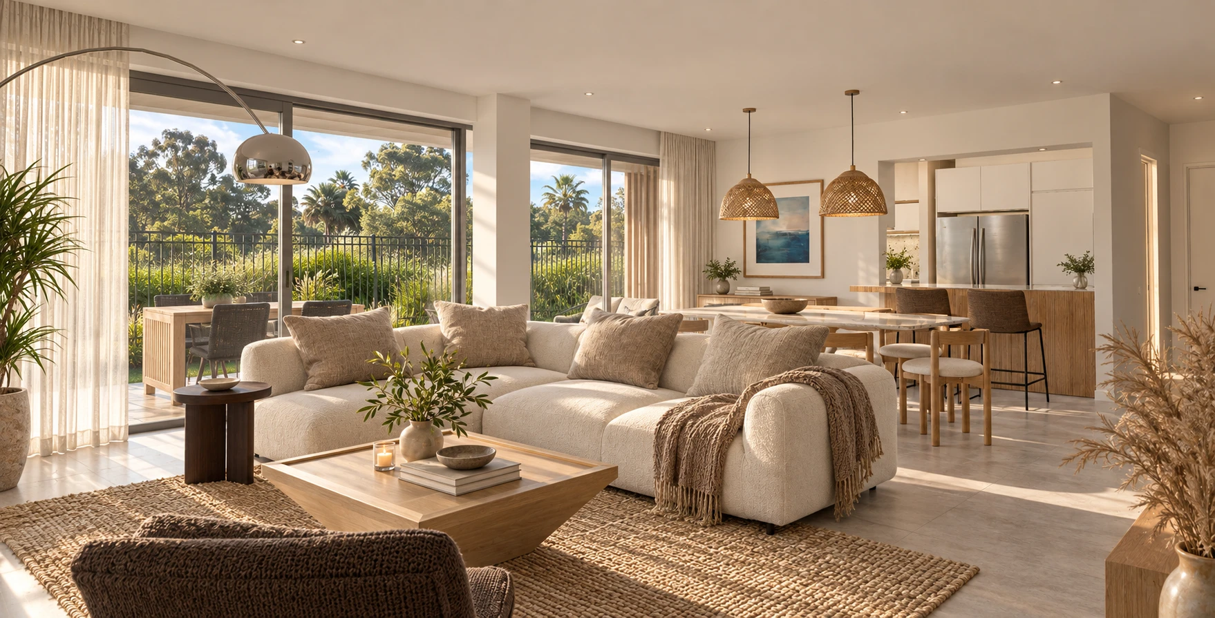 A sunlit open-plan living room with a cream sectional sofa, jute rug and wooden coffee table, opening onto a dining area and kitchen