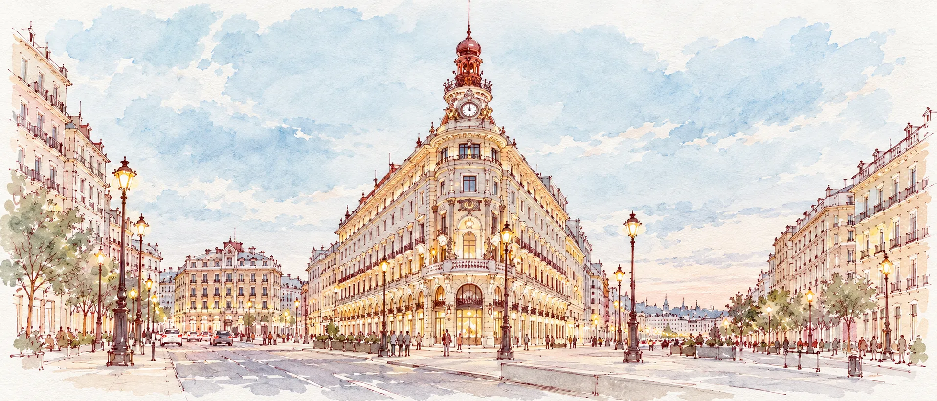 Watercolour illustration of a grand domed corner building on a Madrid street at dusk