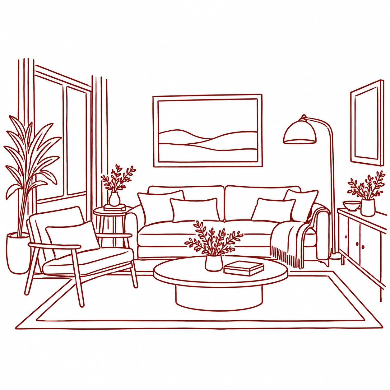 Line drawing of a furnished living room