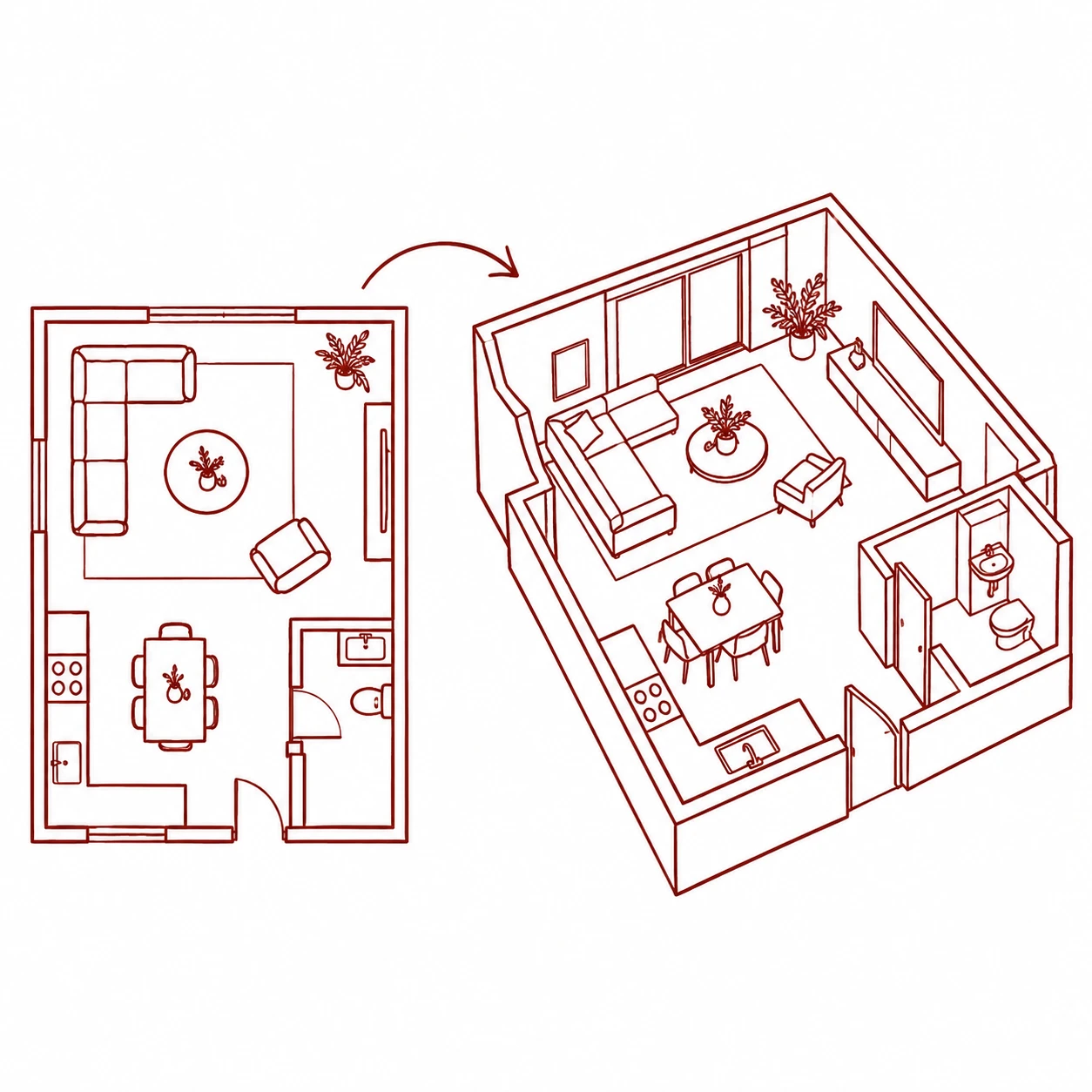 Line drawing of a floor plan turning into a 3D room