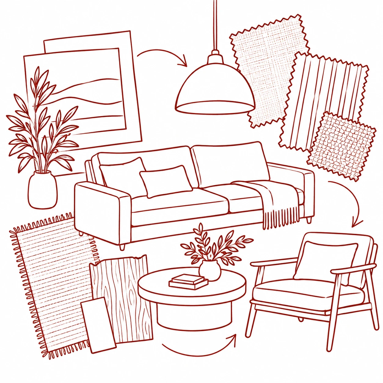 Line drawing of furniture, lighting and fabric samples