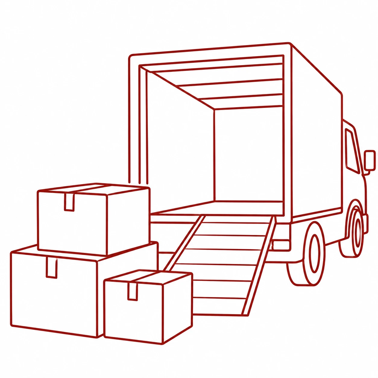 Line drawing of moving boxes beside a moving van