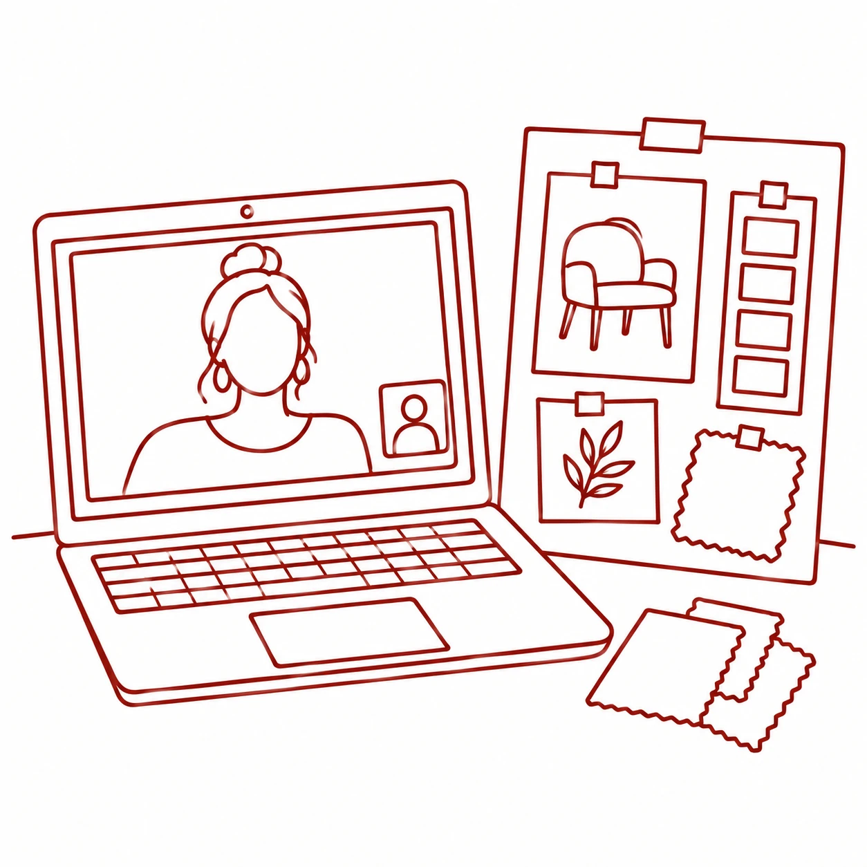 Line drawing of a video call next to a moodboard